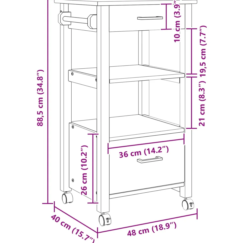 vidaXL Keuken Trolley MONZA Zwart 48 x 40 x 88,5 cm Massief Vurenhout