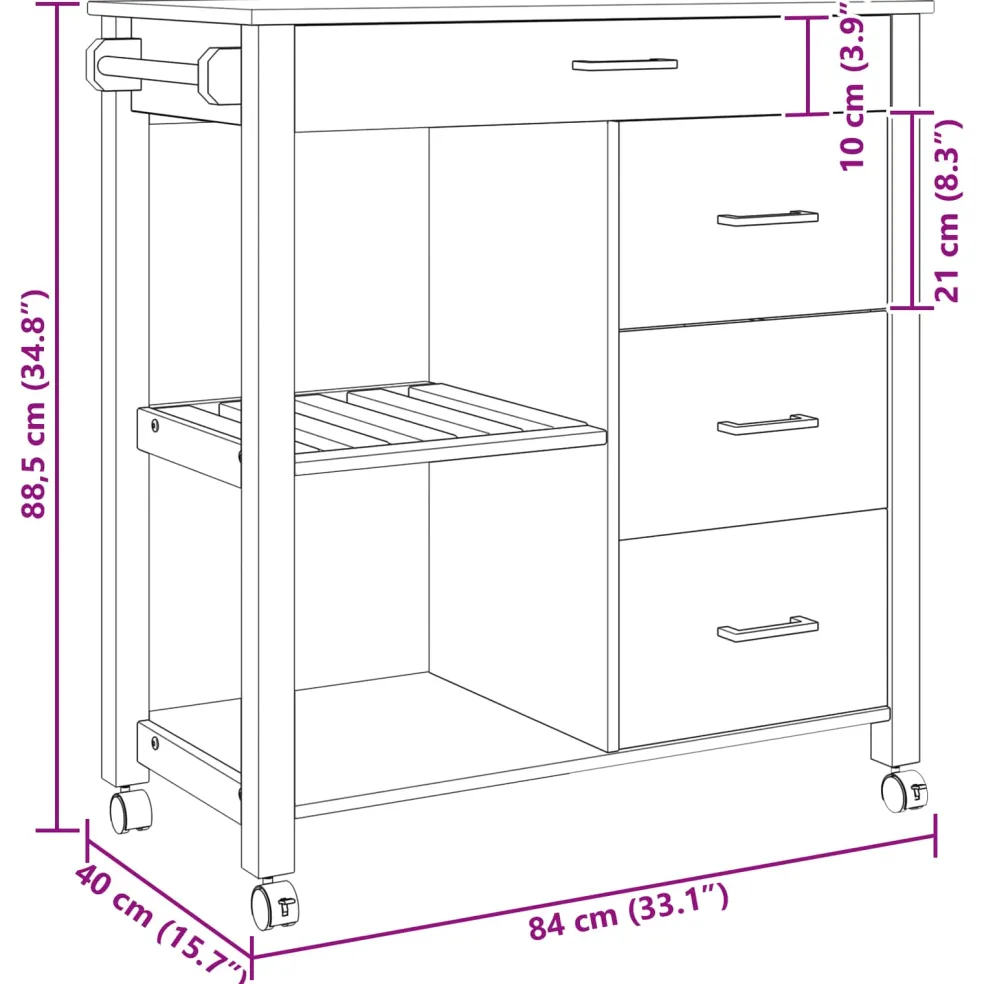 vidaXL Keuken Trolley MONZA Zwart 84 x 40 x 88,5 cm Massief Vurenhout