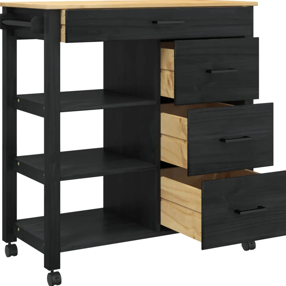 vidaXL Keuken Trolley MONZA Zwart 84 x 40 x 88,5 cm Massief Vurenhout