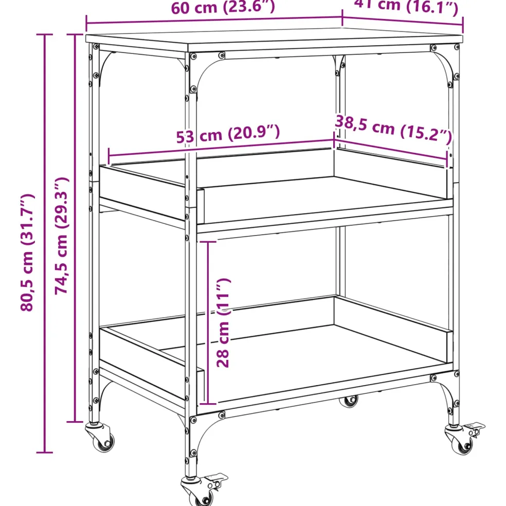 vidaXL Keuken Trolley Sonoma Eiken 60 x 41 x 80,5 cm Bewerkt hout