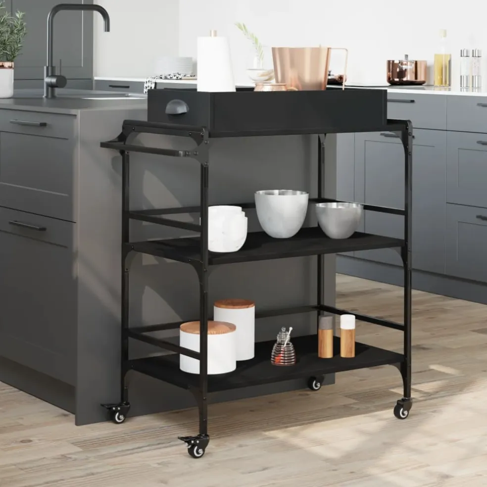 vidaXL Keukentrolley 81,5x41x92,5 cm bewerkt hout zwart