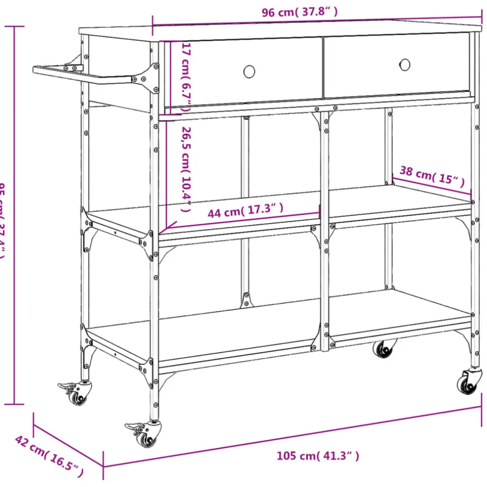 vidaXL Keukentrolley 105x42x95 cm bewerkt hout gerookt eikenkleurig