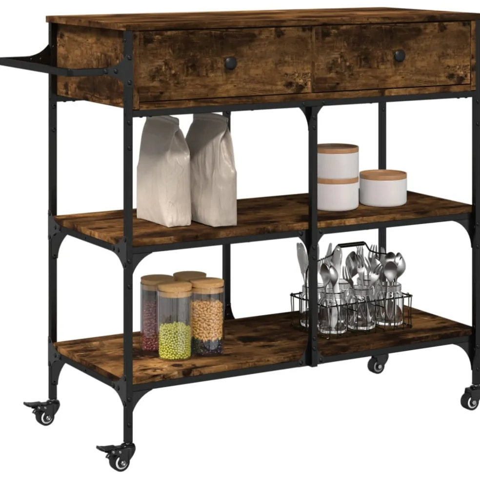 vidaXL Keukentrolley 105x42x95 cm bewerkt hout gerookt eikenkleurig