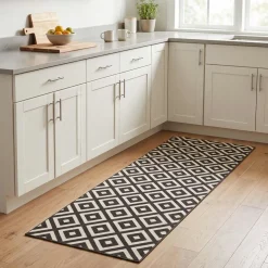 vidaXL Keuken Vloerkleed Grijze en Witte Ruiten 150 x 45 cm