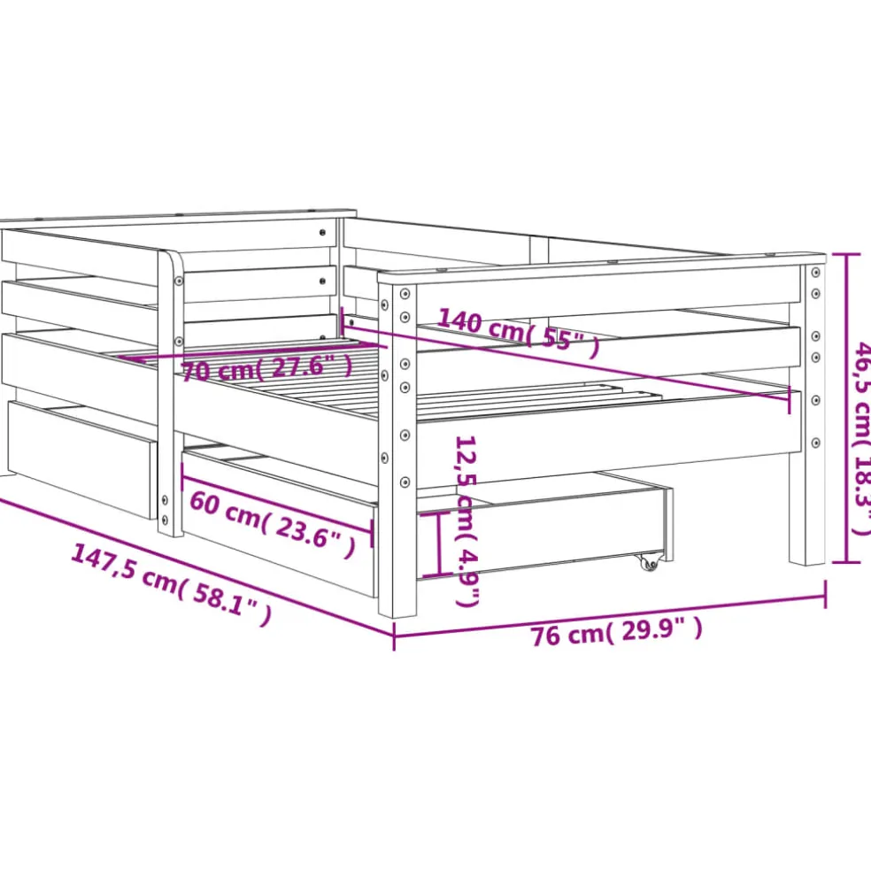 vidaXL Kinderbedframe met lades 70x140 cm massief grenenhout wit
