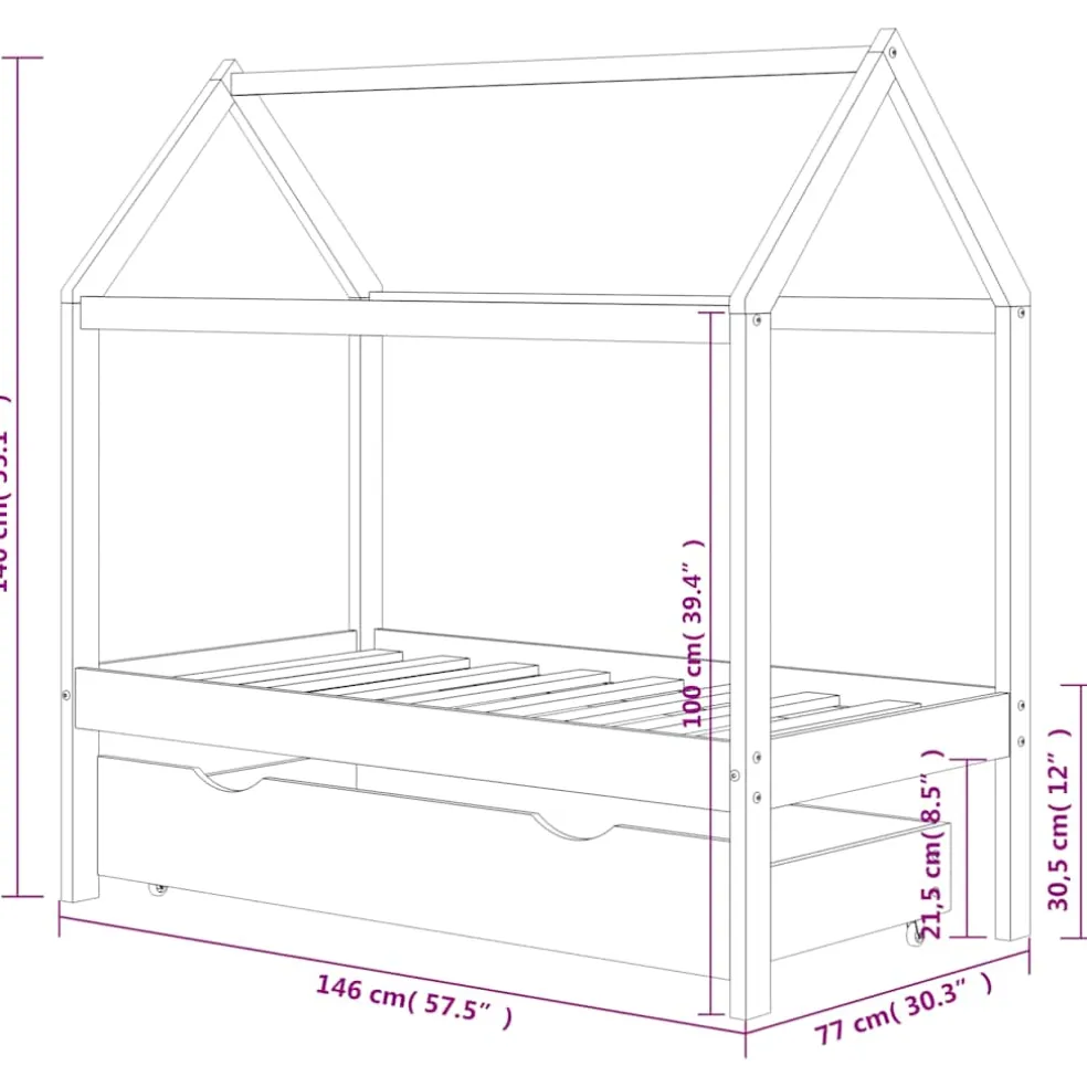 vidaXL Kinderbedframe met lade grenenhout donkergrijs 70x140 cm