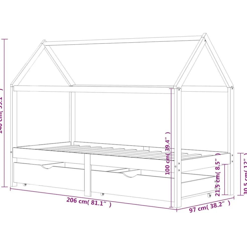 vidaXL Kinderbedframe met lades grenenhout donkergrijs 90x200 cm