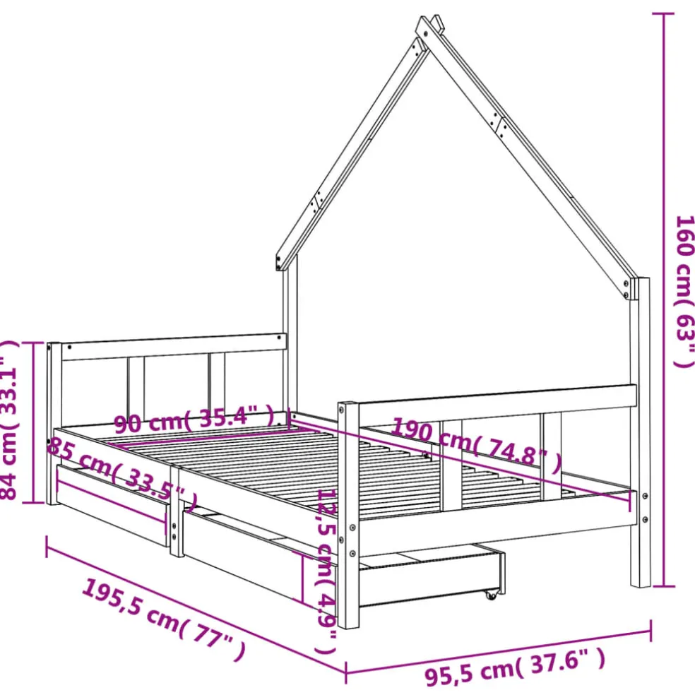 vidaXL Kinderbedframe met lades 90x190 cm massief grenenhout wit