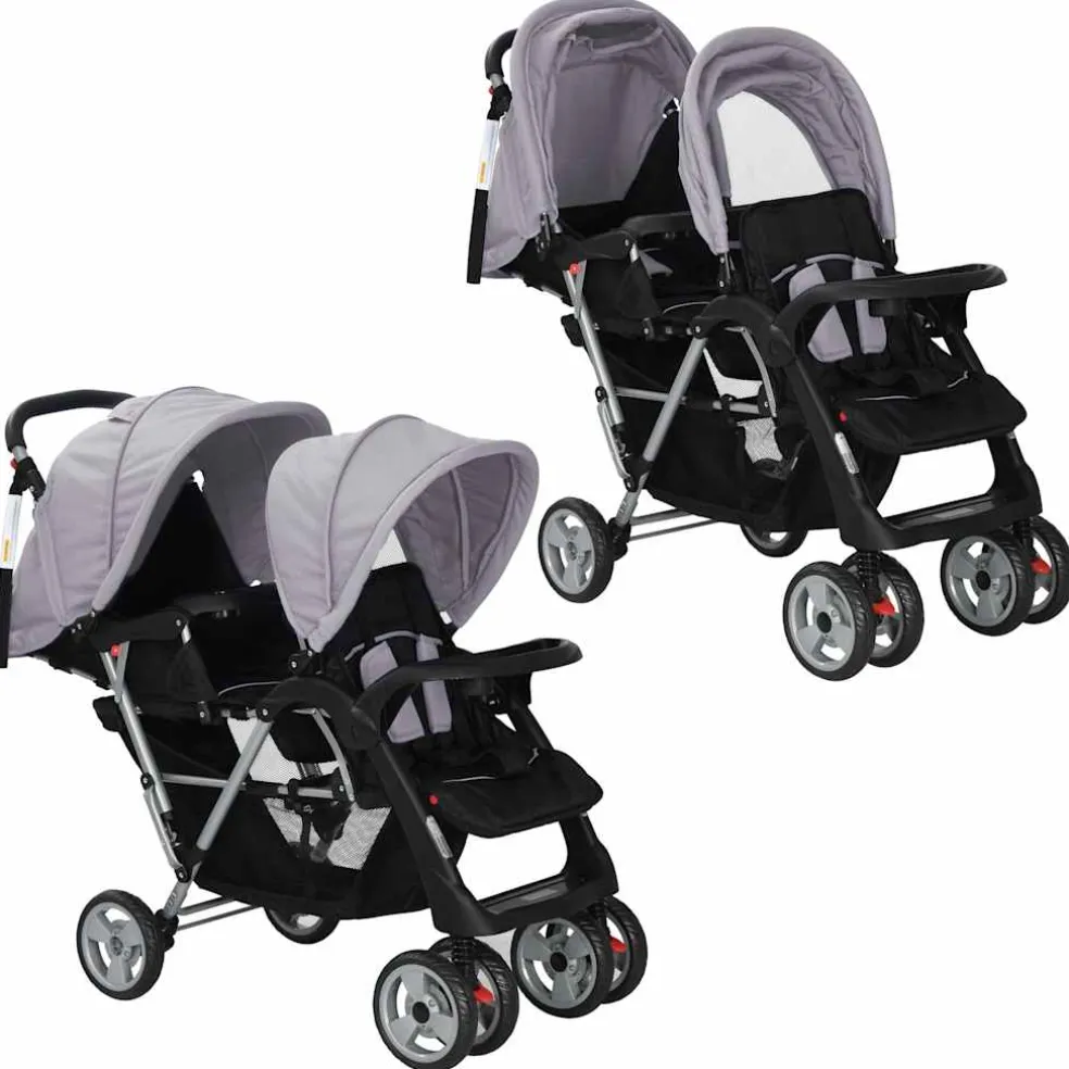 vidaXL Kinderwagen dubbel staal rood en zwart