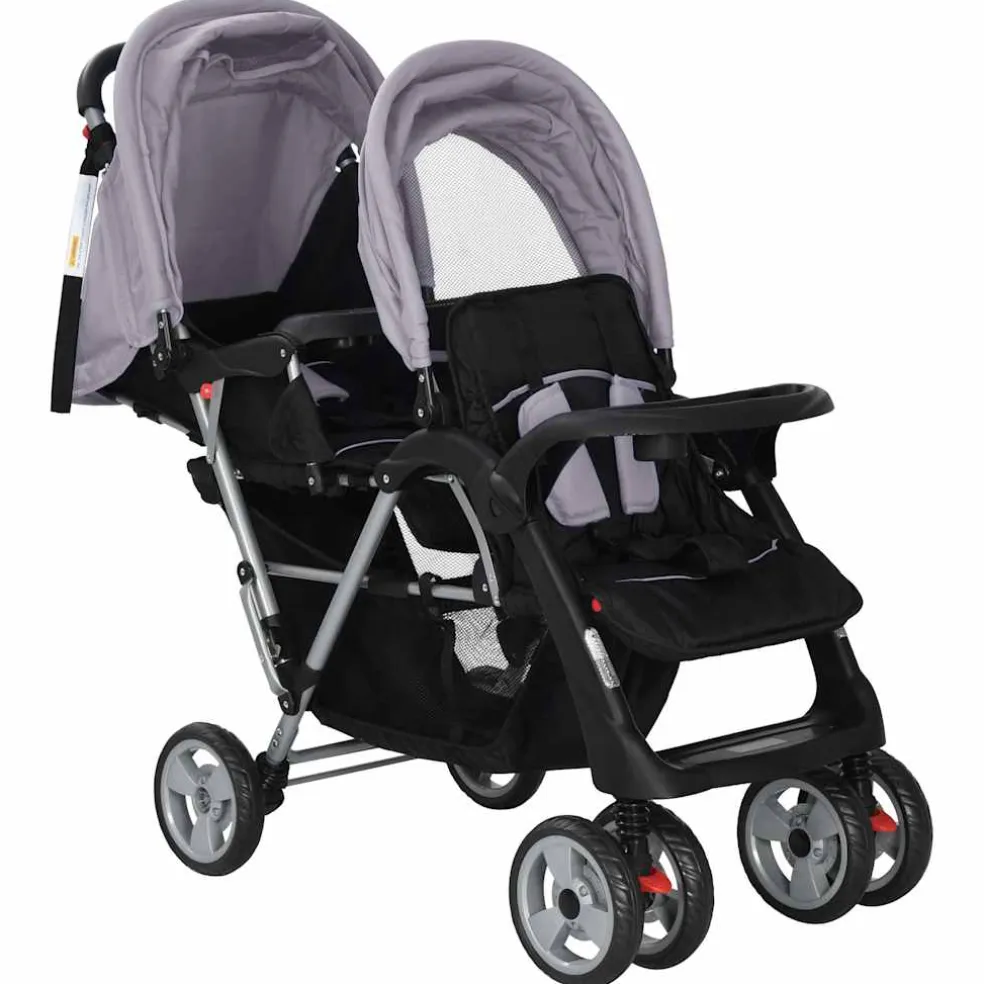 vidaXL Kinderwagen dubbel staal rood en zwart