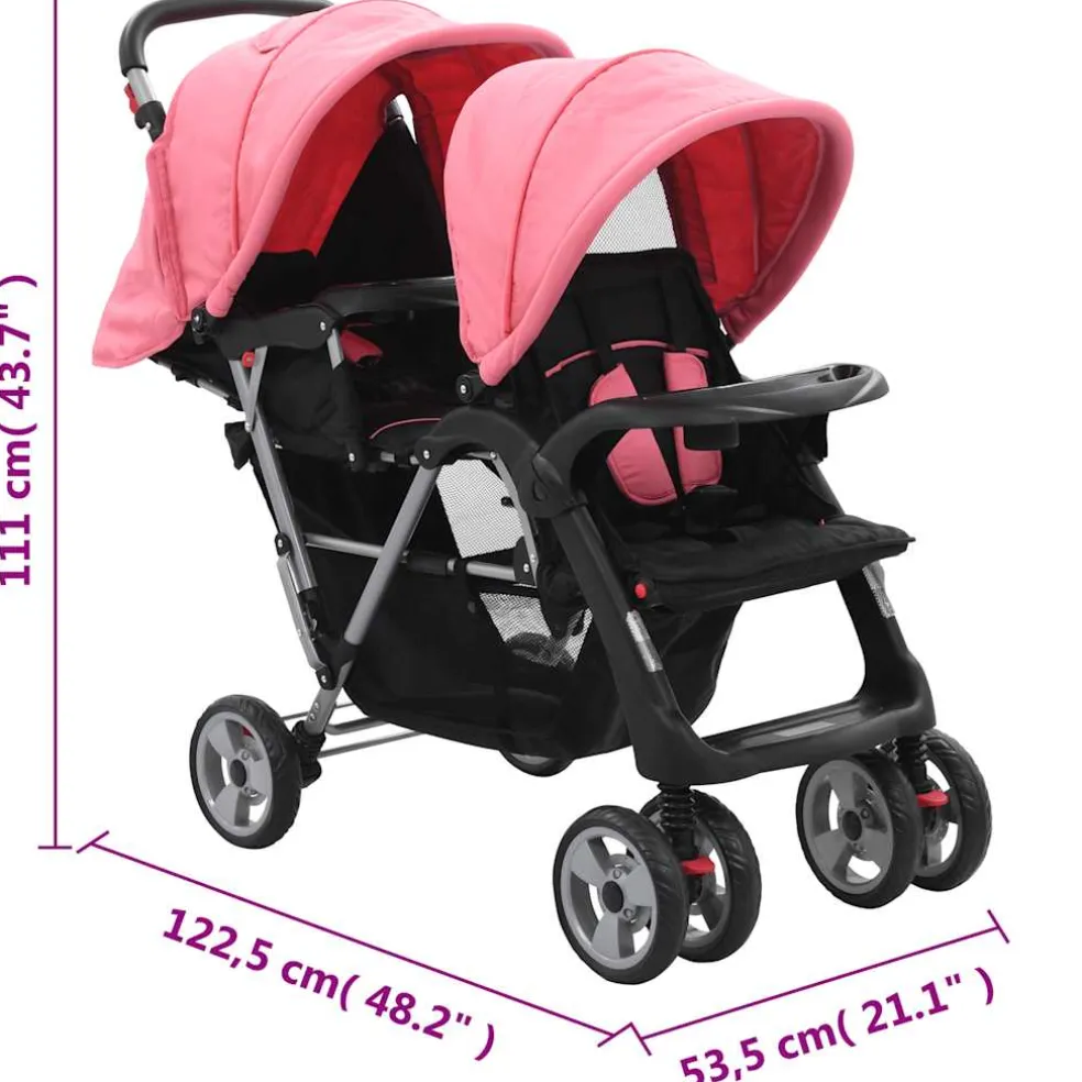 vidaXL Kinderwagen dubbel staal roze en zwart