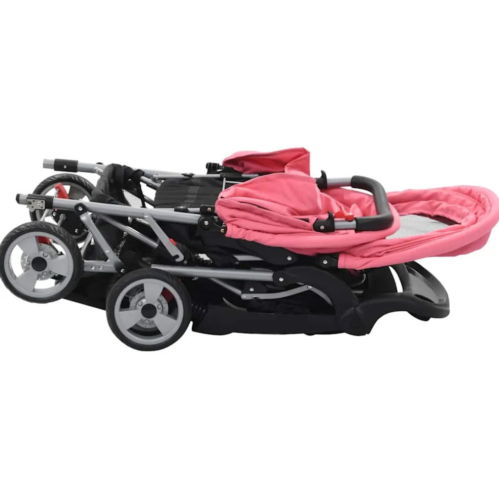 vidaXL Kinderwagen dubbel staal roze en zwart