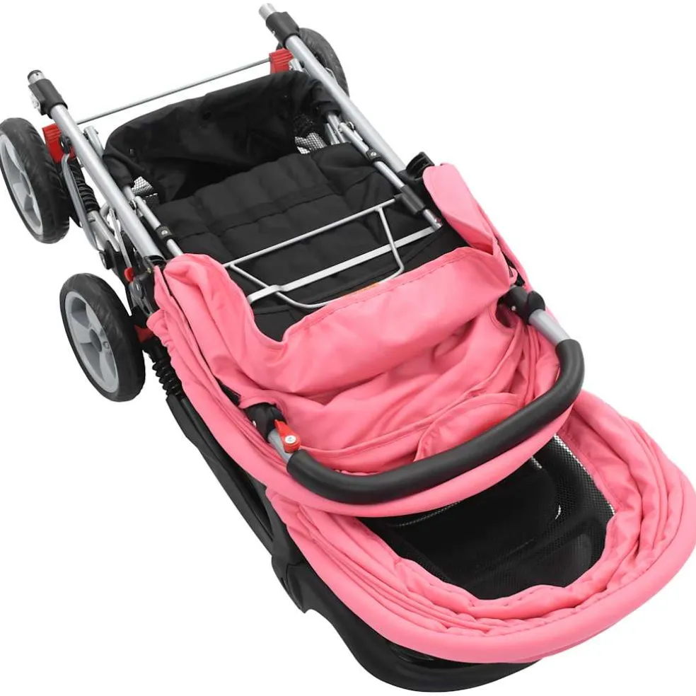 vidaXL Kinderwagen dubbel staal roze en zwart