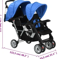 vidaXL Kinderwagen dubbel staal blauw en zwart