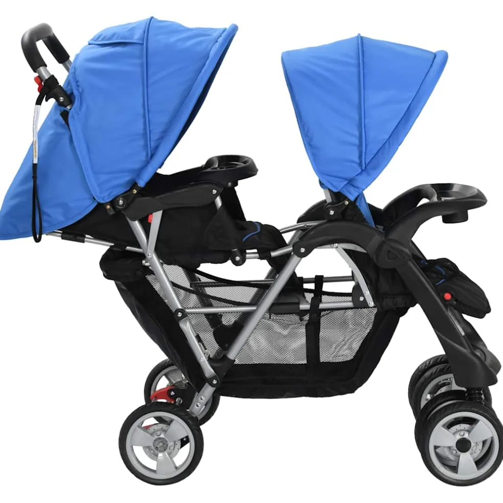 vidaXL Kinderwagen dubbel staal blauw en zwart