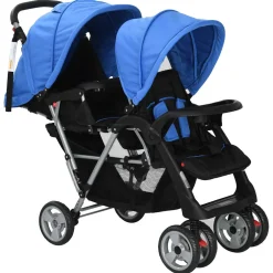vidaXL Kinderwagen dubbel staal blauw en zwart