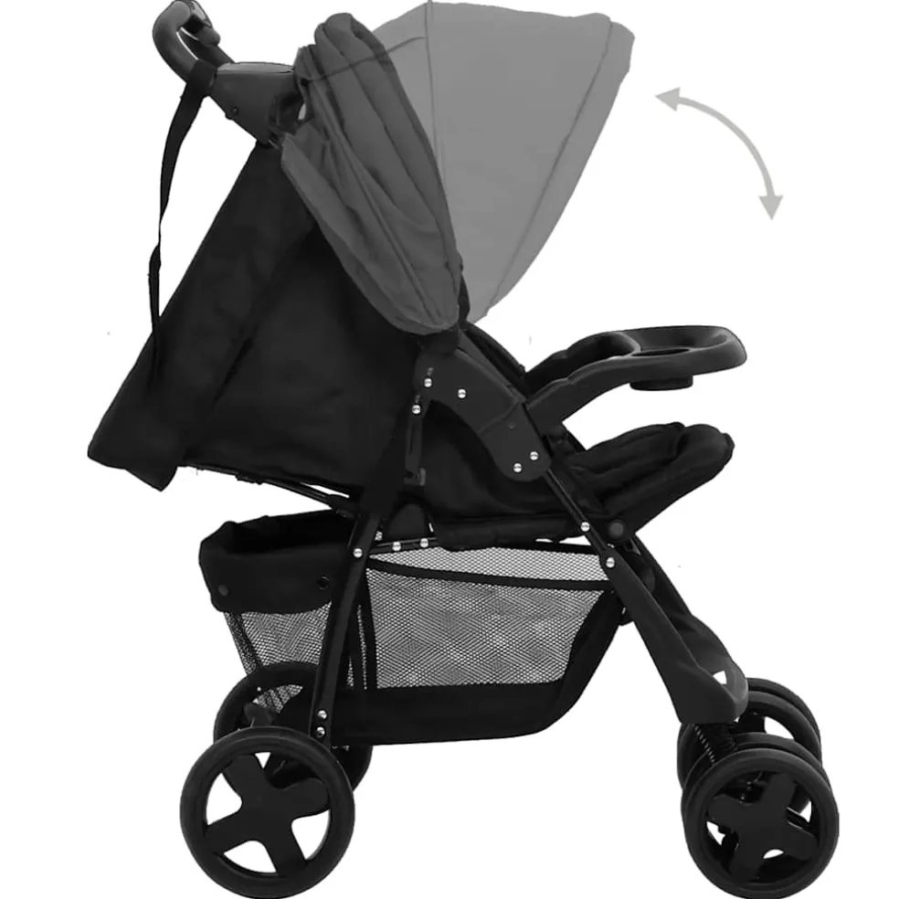 vidaXL Kinderwagen 3-in-1 staal donkergrijs en zwart