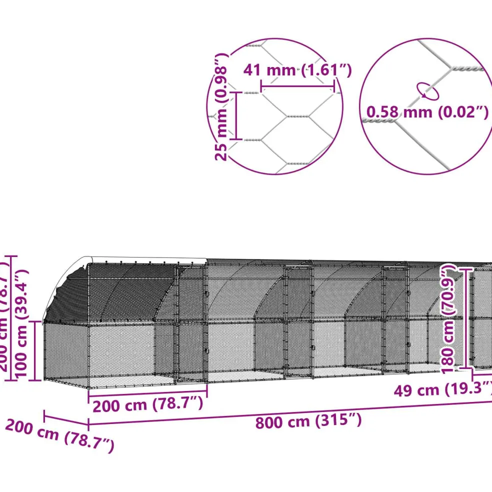 vidaXL Kippenhok 4 st Zilver 800 x 200 x 200 cm Staal en PE