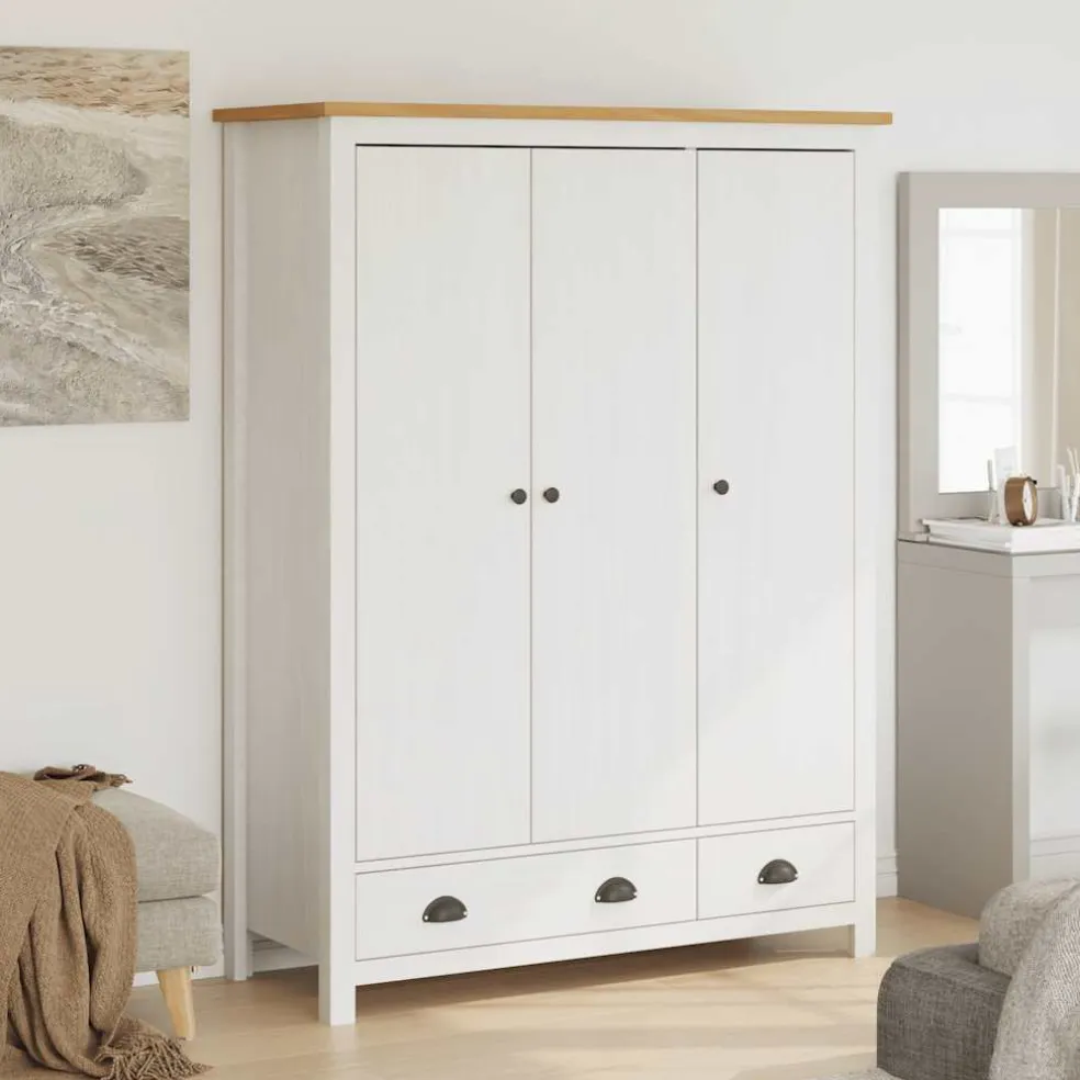 vidaXL Kledingkast Hill 3 deuren 127x50x170 cm massief grenenhout wit