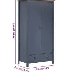 vidaXL Kledingkast Hill 2 deuren 89x50x170 cm massief grenenhout grijs