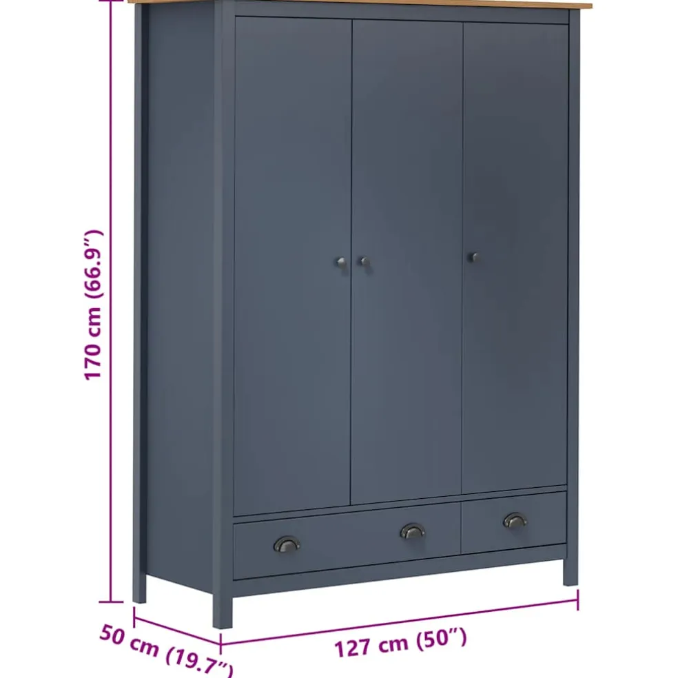 vidaXL Kledingkast Hill 3 deuren 127x50x170 cm grenenhout grijs