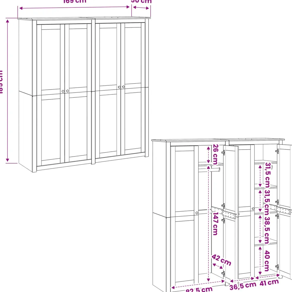 vidaXL Kledingkast PANAMA Honing 169 x 50 x 185 cm Massief grenenhout