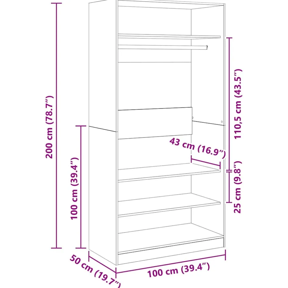 vidaXL Kledingkast 100x50x200 cm bewerkt hout grijs sonoma eikenkleur