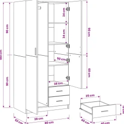vidaXL Kledingkast Zwart Eiken 80 x 52 x 180 cm Bewerkt hout