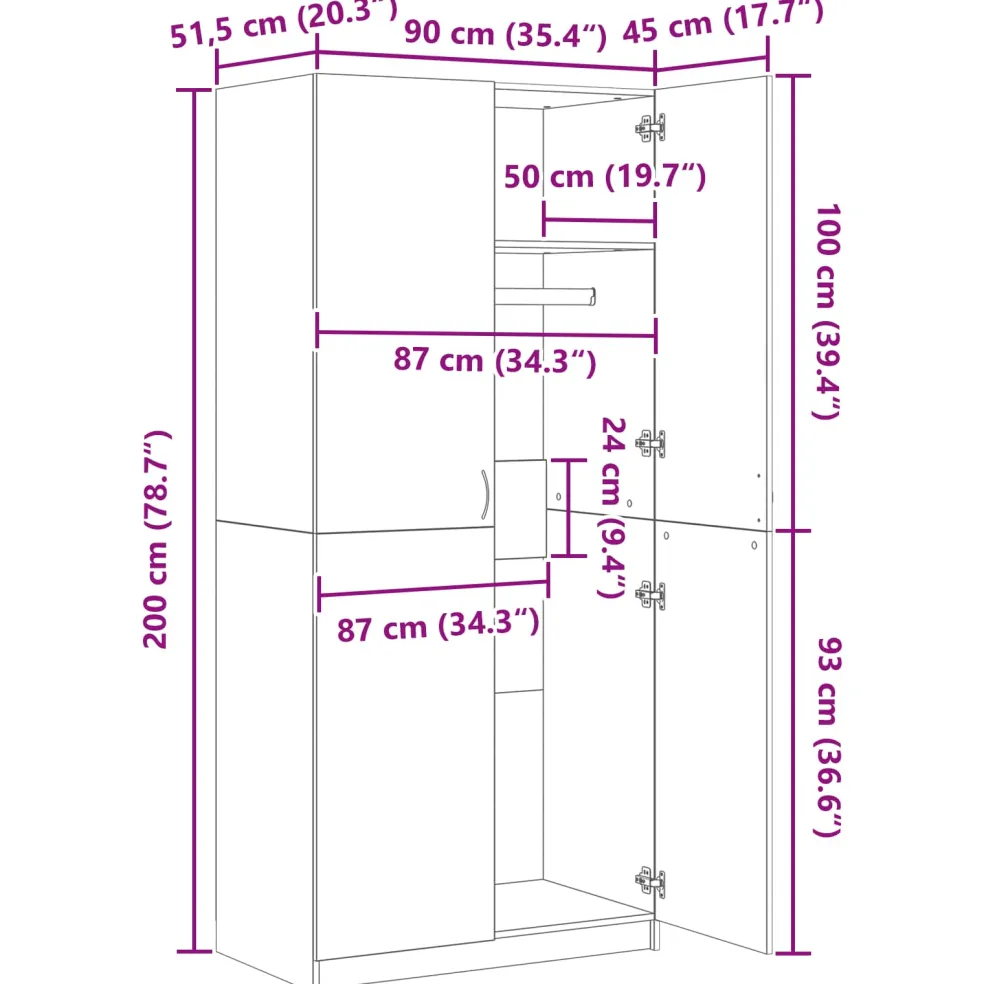 vidaXL Kledingkast Zwart Eiken 90 x 52 x 200 cm Bewerkt hout