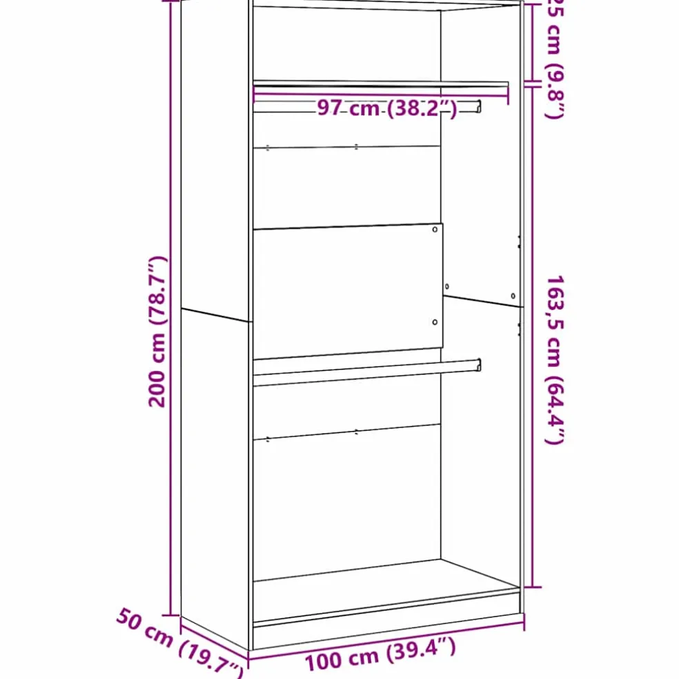 vidaXL Kledingkast Zwart Eiken 100 x 50 x 200 cm Bewerkt hout