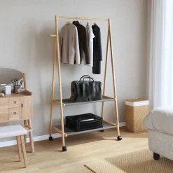vidaXL Kledingrek met schappen en wielen 96x45,5x155,5 cm bamboe