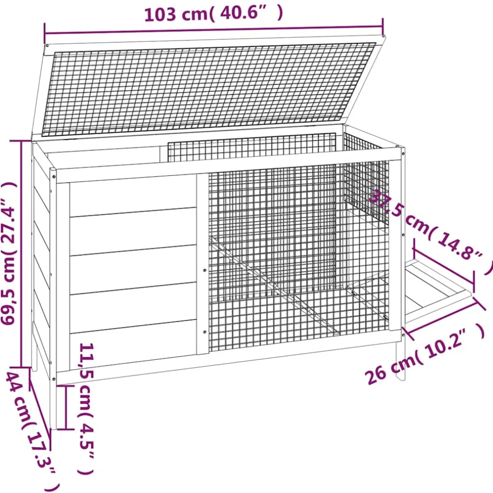vidaXL Konijnenhok 103x44x69,5 cm massief grenenhout grijs
