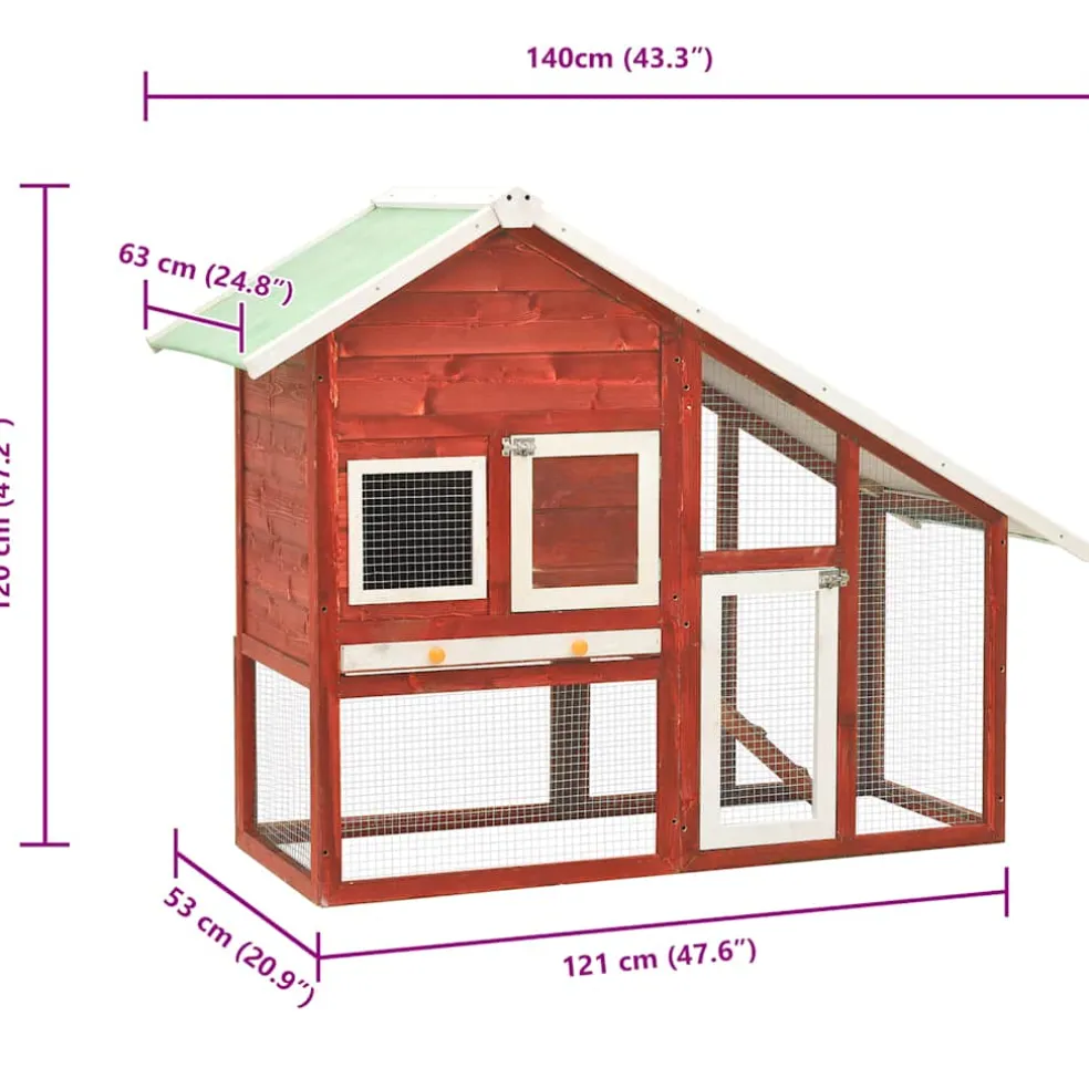vidaXL Konijnenhok 140x63x120 cm massief vurenhout rood en wit