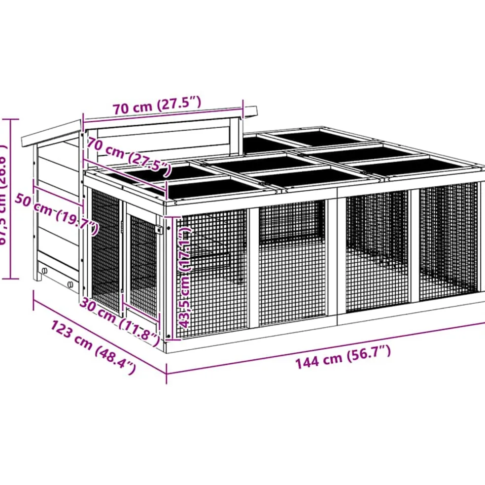 vidaXL Konijnenhok 144x123x67,5 cm massief grenenhout bruin