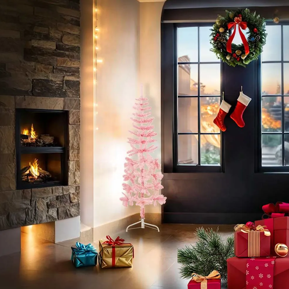 vidaXL Kunstkerstboom half met standaard smal 120 cm roze