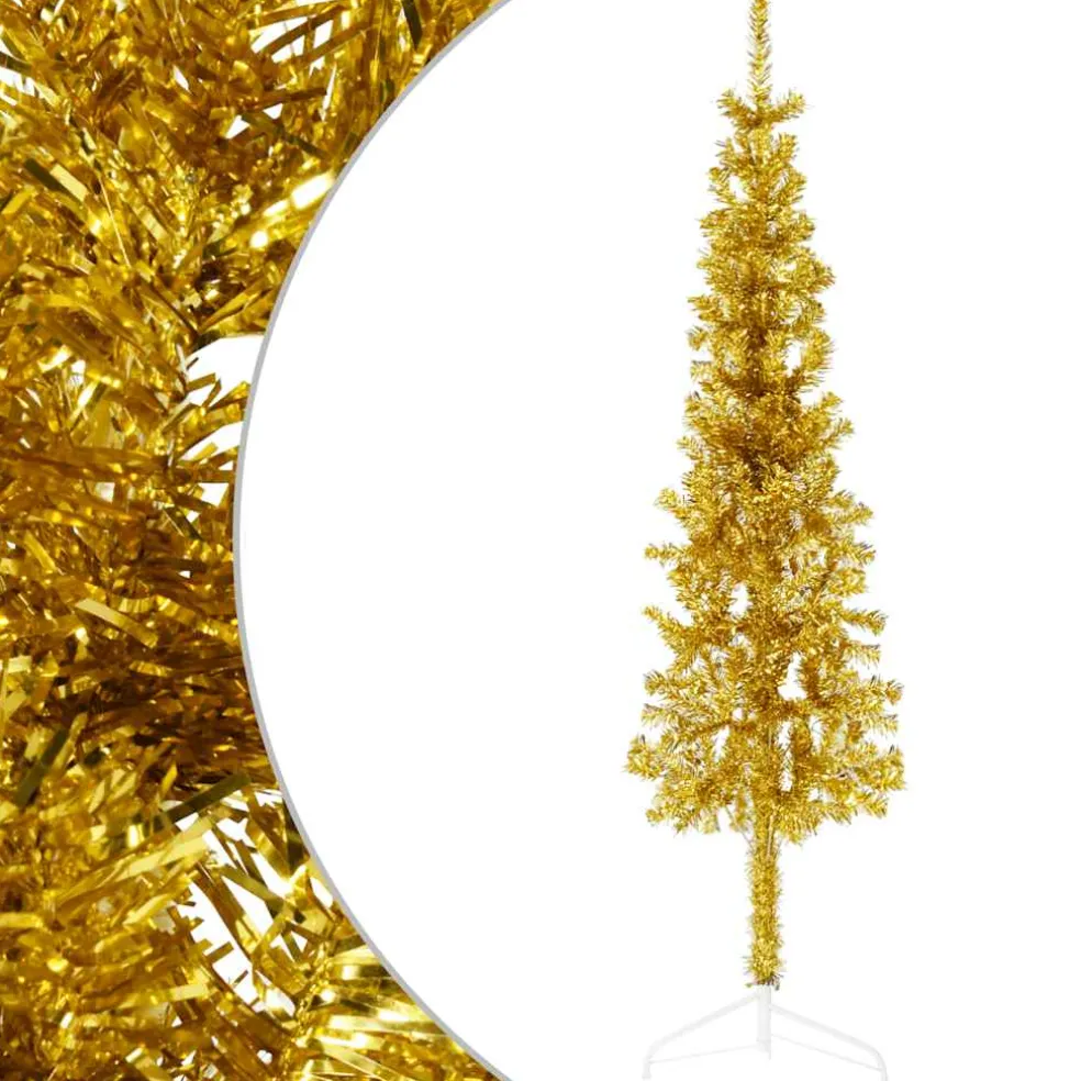 vidaXL Kunstkerstboom half met standaard smal 120 cm goudkleurig