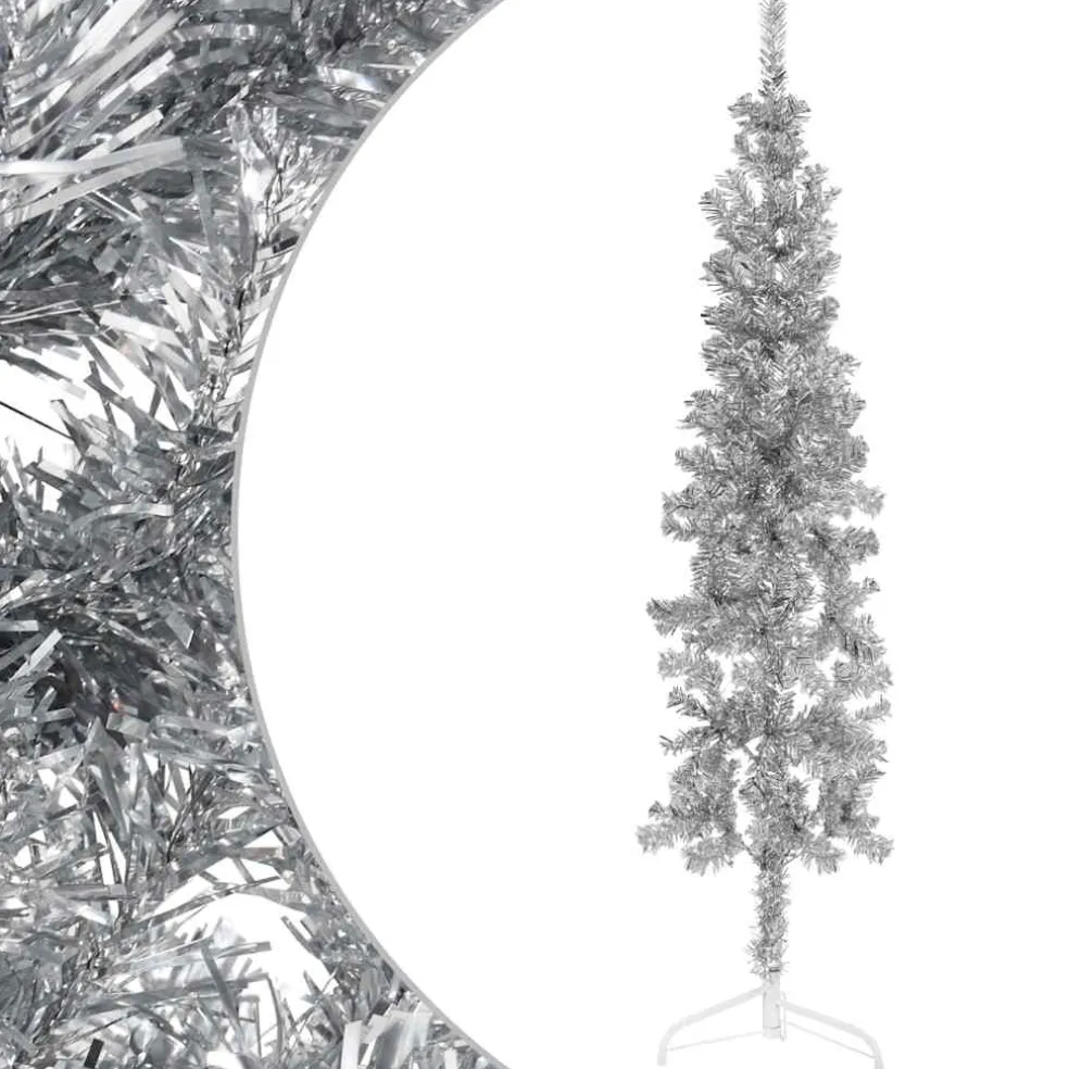 vidaXL Kunstkerstboom half met standaard smal 120 cm zilverkleurig