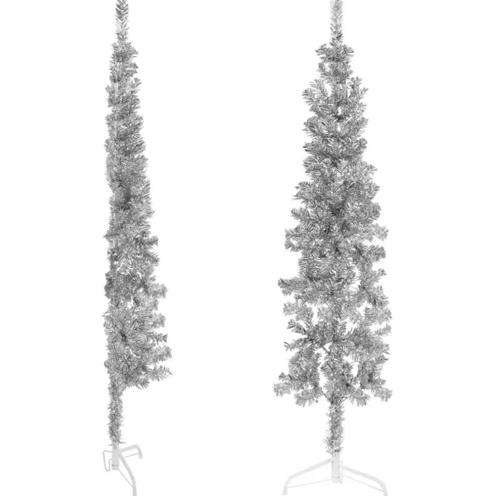 vidaXL Kunstkerstboom half met standaard smal 120 cm zilverkleurig