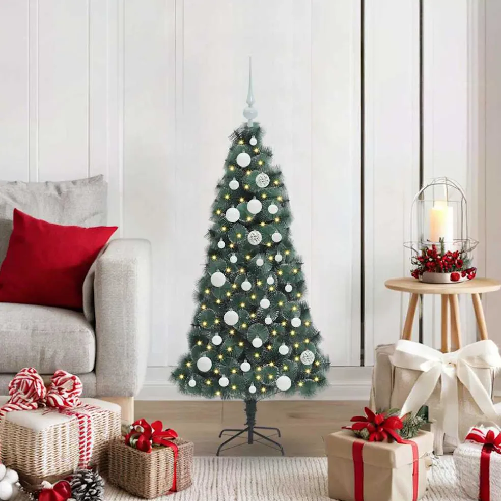 vidaXL Kunstmatige Voorverlichte Kerstboom met Ballenset Groen 120 cm