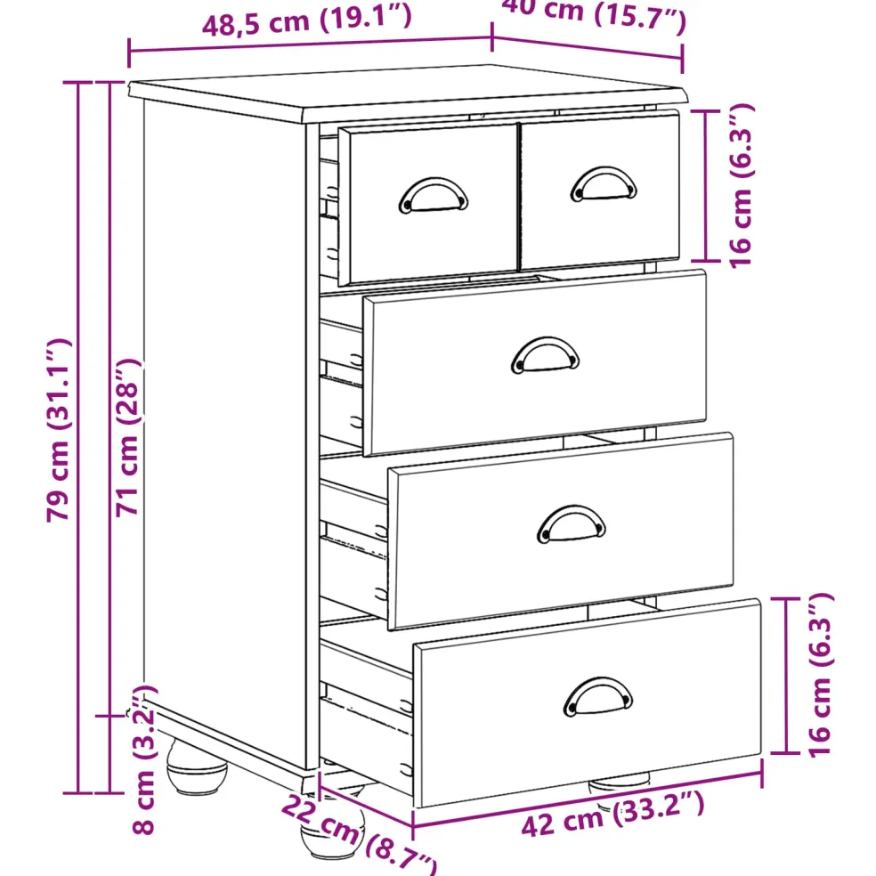 vidaXL Ladekast 5-Lade ASKIM Wit 48,5 x 40 x 79 cm Massief grenenhout