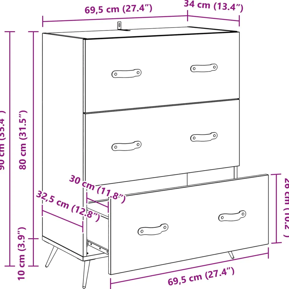 vidaXL Ladekast Zwarte Eik 69,5 x 34 x 90 cm Geconstrueerd hout