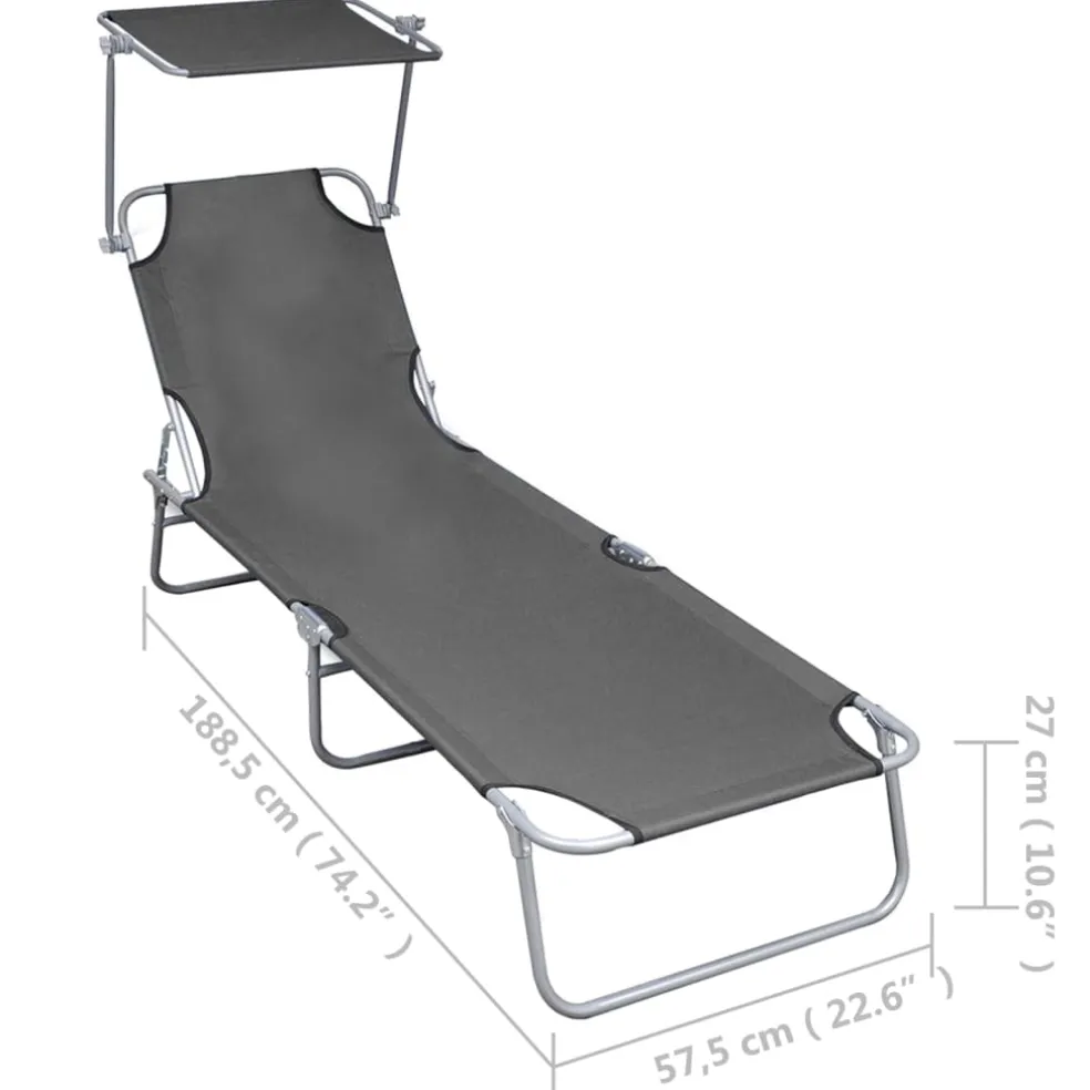 vidaXL Ligbed inklapbaar met luifel aluminium grijs