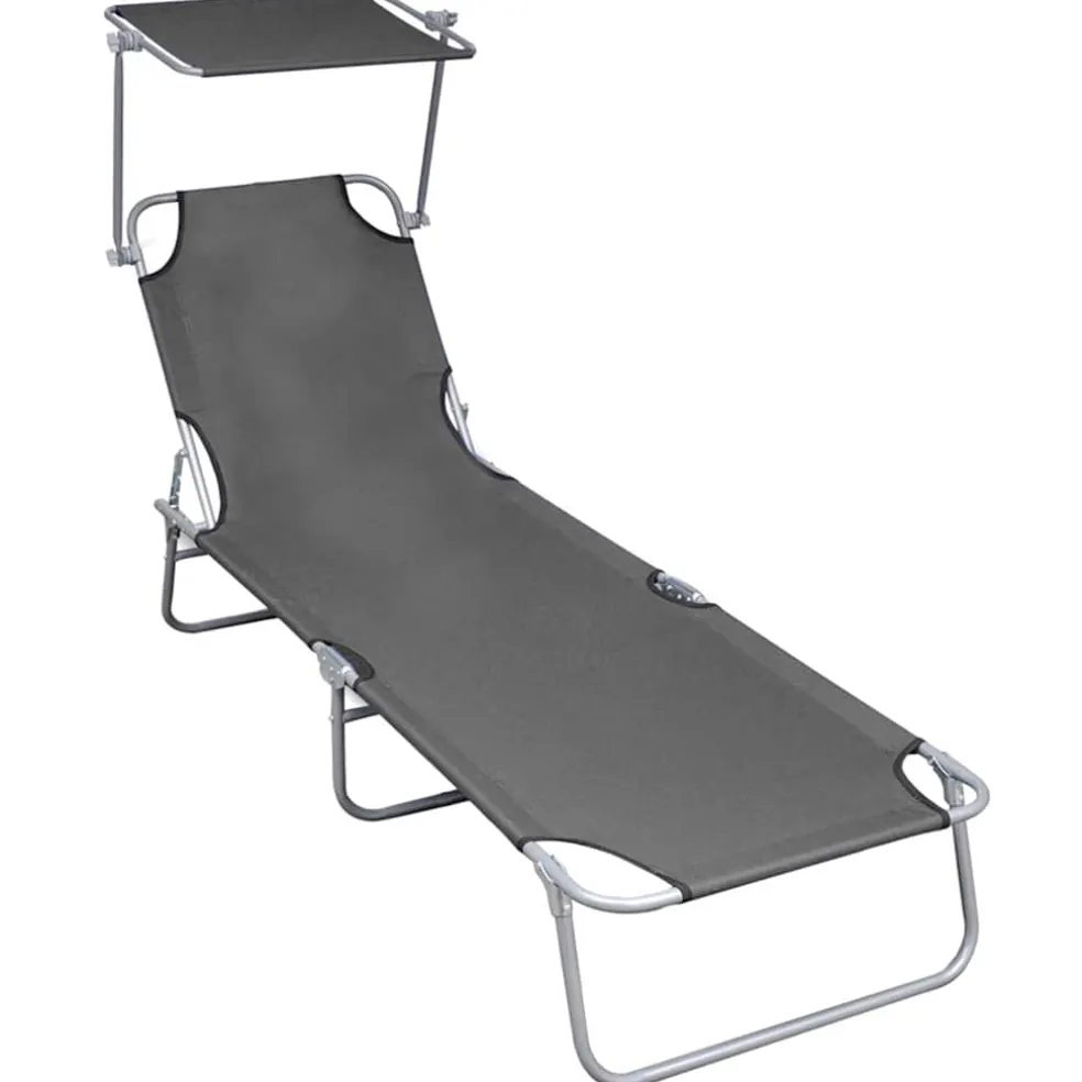 vidaXL Ligbed inklapbaar met luifel aluminium grijs