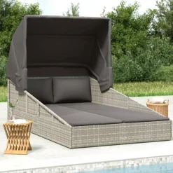 vidaXL Ligbed met inklapbaar dak 200x114x128 cm poly rattan grijs