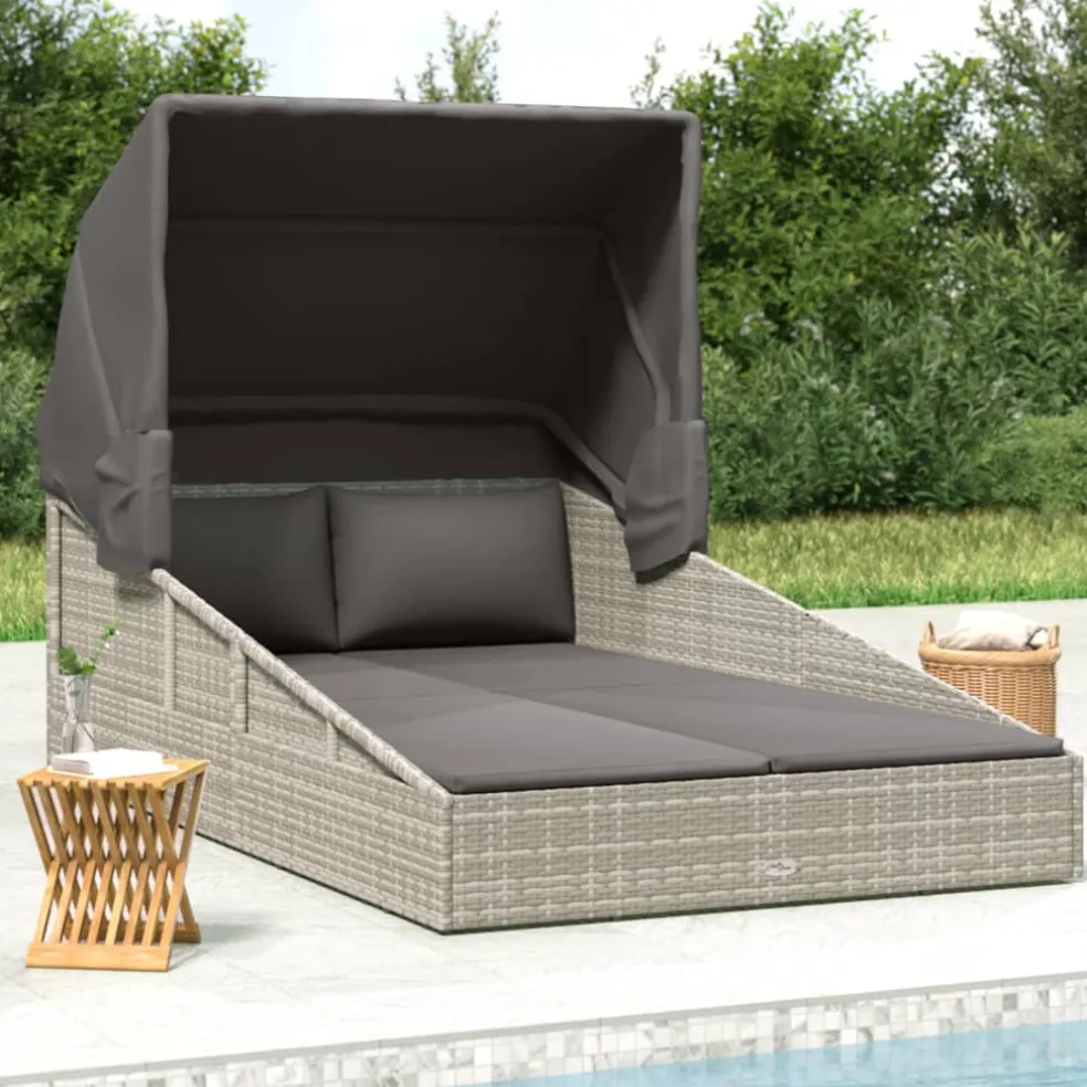 vidaXL Ligbed met inklapbaar dak 200x114x128 cm poly rattan grijs