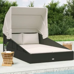 vidaXL Ligbed met inklapbaar dak 200x114x128 cm poly rattan zwart