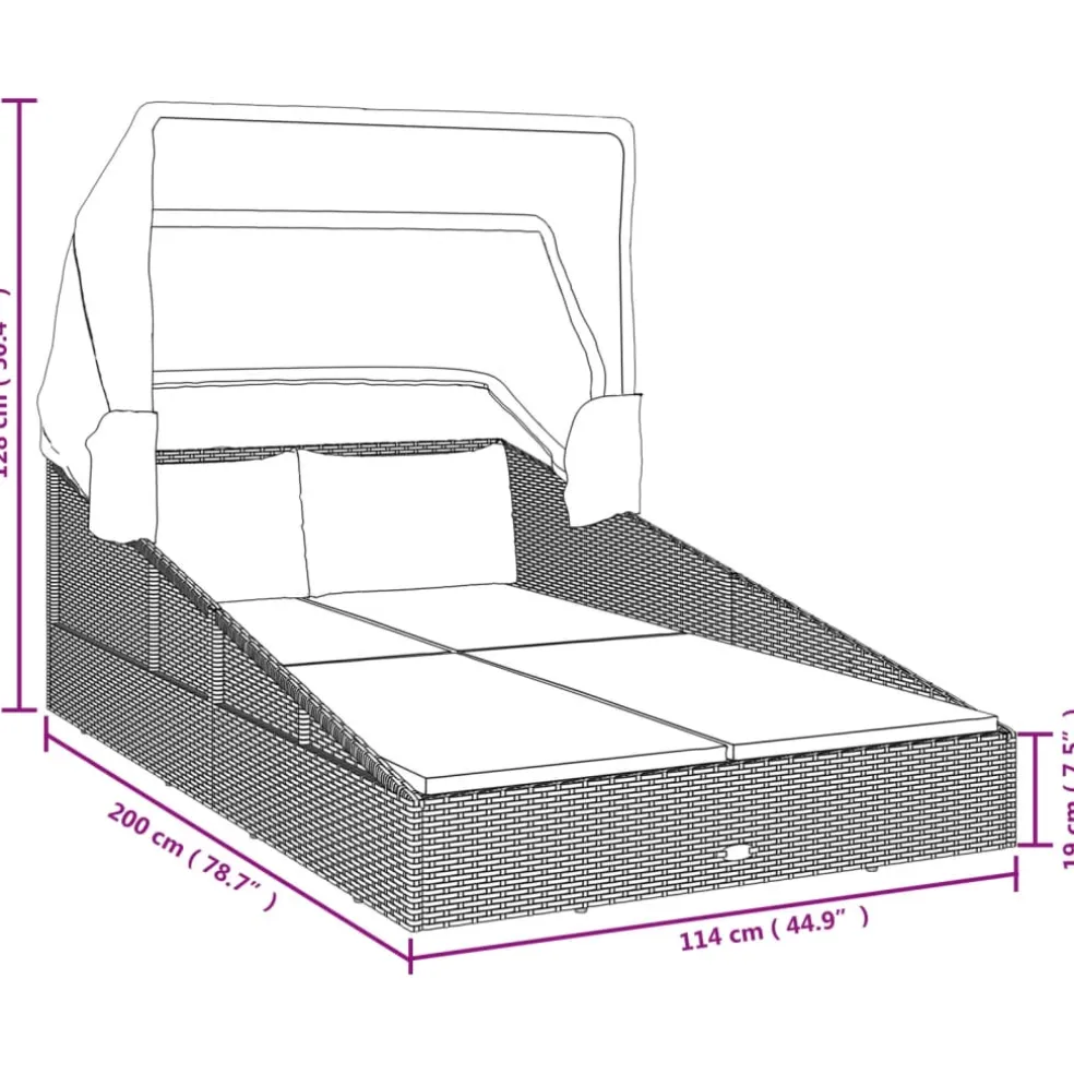 vidaXL Ligbed met inklapbaar dak 200x114x128 cm poly rattan bruin