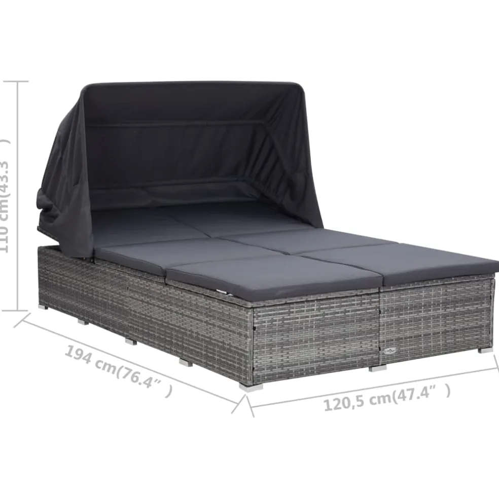 vidaXL Ligbed met kussen 2-persoons poly rattan grijs