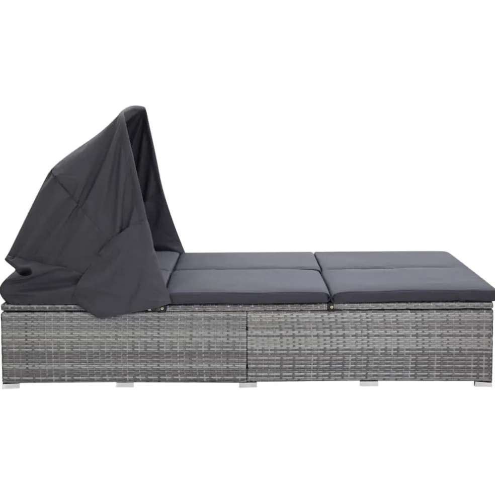vidaXL Ligbed met kussen 2-persoons poly rattan grijs