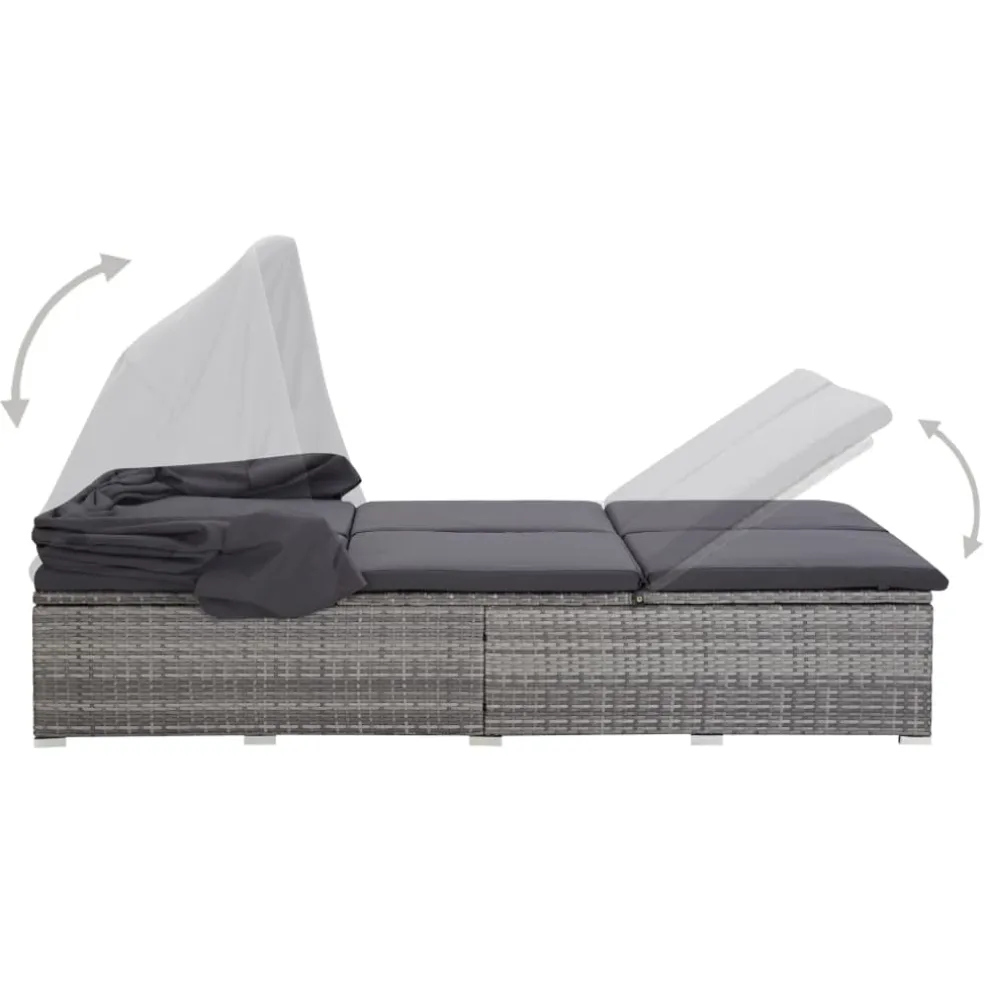 vidaXL Ligbed met kussen 2-persoons poly rattan grijs